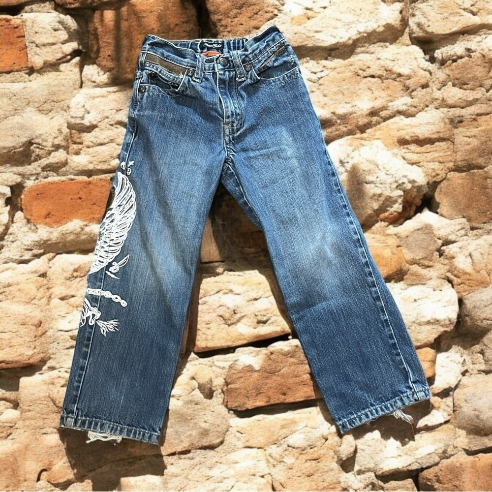 Marc Ecko Boys Jeans 4 Blue Embellished Distressed Graphic Patches Rugged Edgy